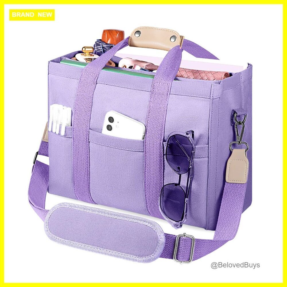 Large Canvas Tote Bag with Multiple Pockets, Adjustable Crossbody Strap